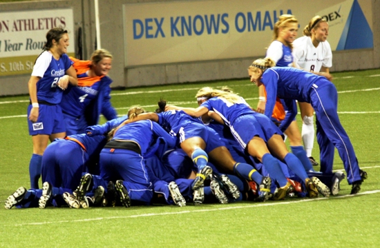 Somewhere at the bottom of this pile, Laura Nasseri celebrates her golden goal against MSU in 2009