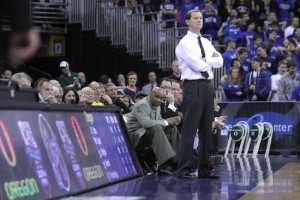 Dana Altman on the visitor's bench at Qwest Center Omaha (WBR/Adam Streur)