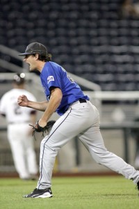 Creighton closer Kurt Spomer celebrates getting out of a bases-loaded jam in the 9th inning against Missouri State