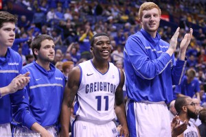 Andre Yates (#11) and the rest of the Bluejays Bench Mob enjoyed the laugher in the MVC Semis (Spomer/WBR)