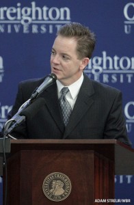 Kevin Sarver introduces the Fox Sports announcement of the Big East Conference agreement. (Adam Streur/WBR)