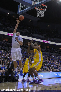 Zach Hanson fades away for a jumper against Alcorn State. (Photo by Mike Spomer/WBR)
