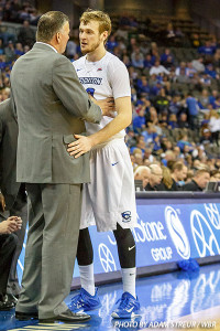 Coach Greg McDermott talks to Toby Hegner during the win over IUPUI. (Photo by Adam Streur / WBR)