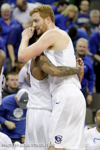 Geoff Groselle and James Milliken embrace after their final home game in a Creighton uniform. (Photo by Adam Streur / WBR)